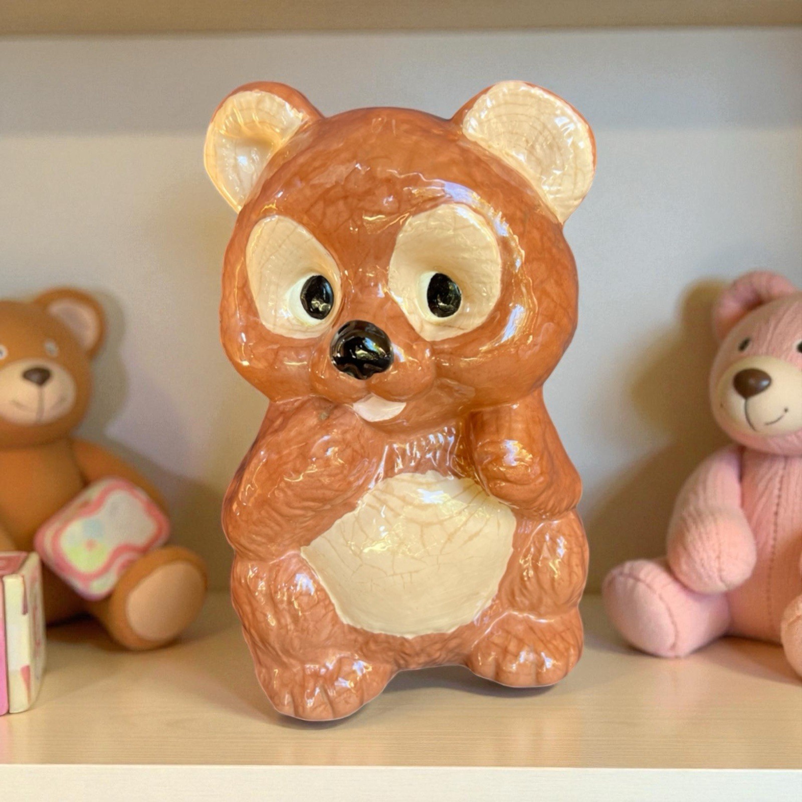 VTG 11” Ceramic MCM Teddy Bear Figurine Brown Glaze Crackle Pottery Retro Decor