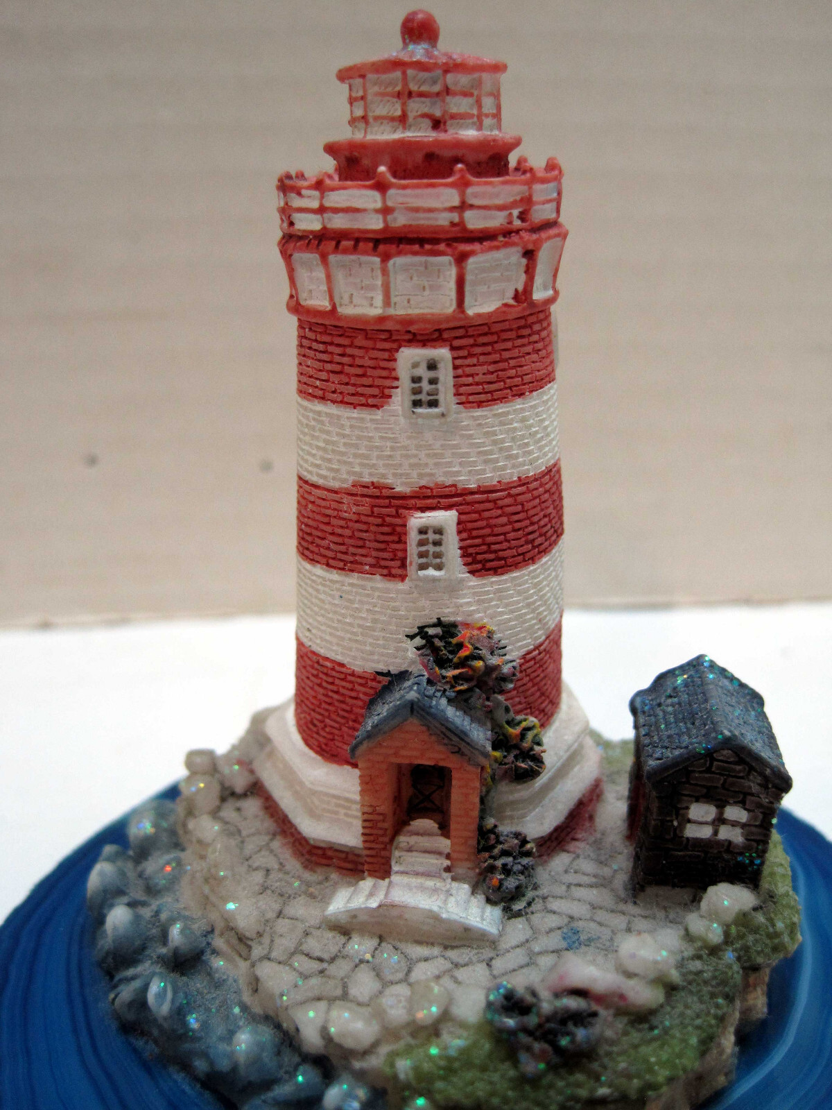 Vintage Lighthouse On Ocean Blue Agate Stone Base Hand Painted Made in Brazil