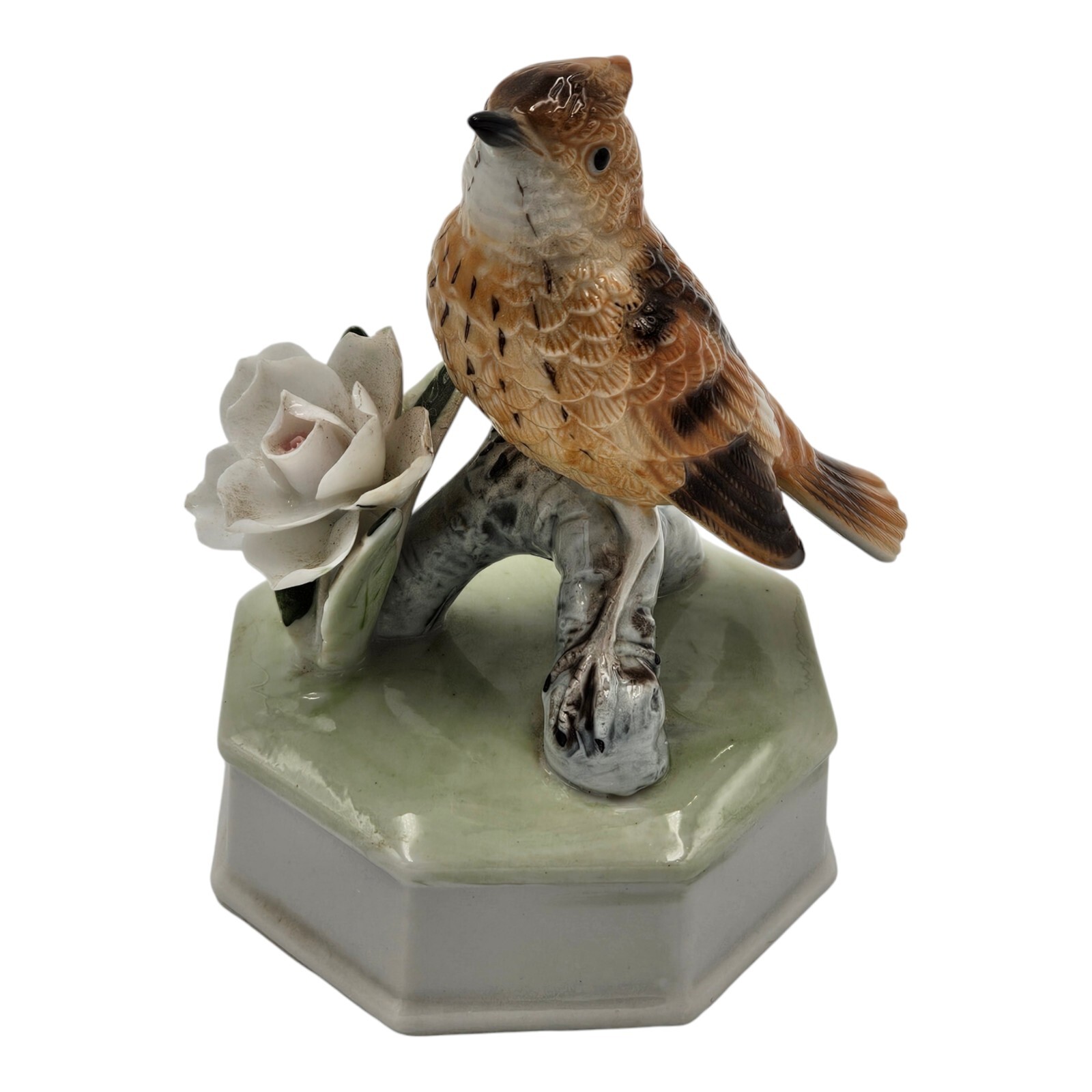 Vintage Porcelain Brown Bird Figurine Pink Rose Collectible Gift