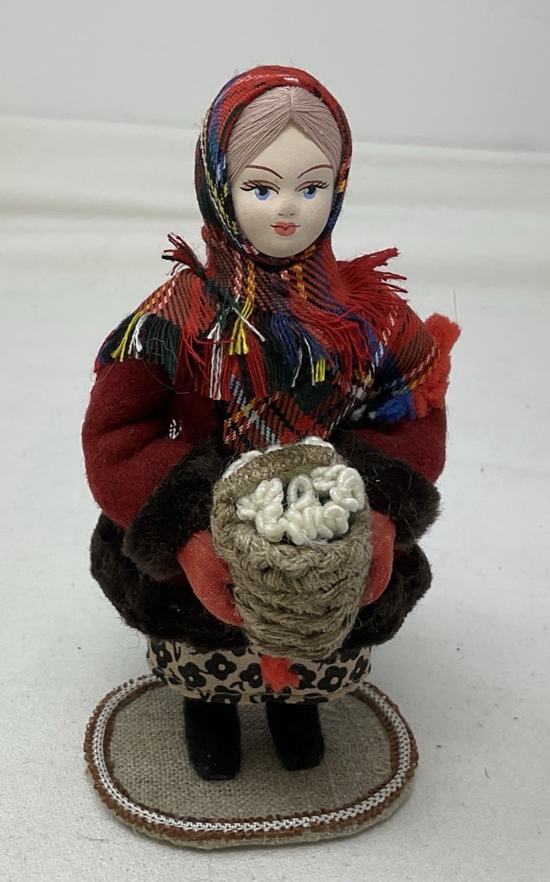 Figurine of Russian Girl Doll with Plaid Winter Scarf & Carrying Basket 6″