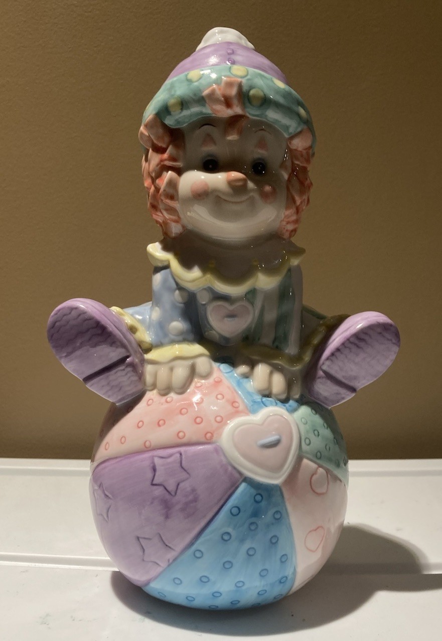 Enesco Precious Moments Clown On Ball Piggy Bank 10 1/5” Ex Cond