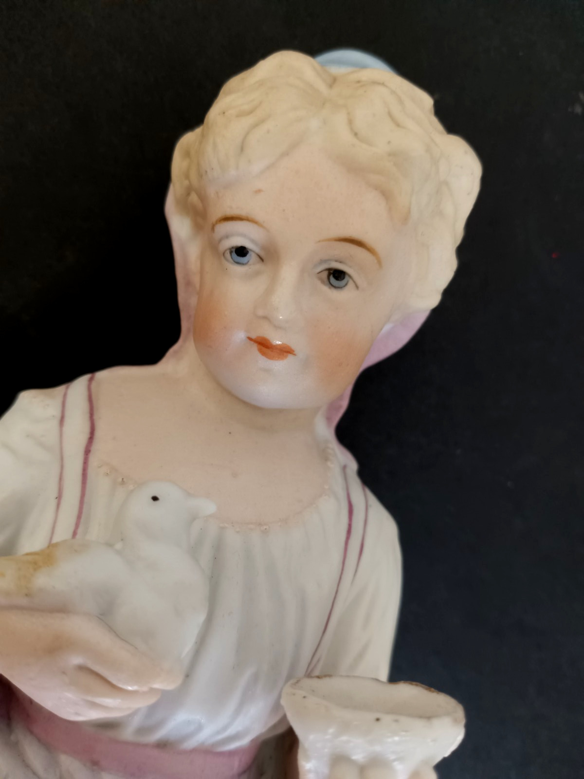 Vintage Woman With Bird Figurine #47 Porcelain Bisque 9″ Homesetead Farmhouse