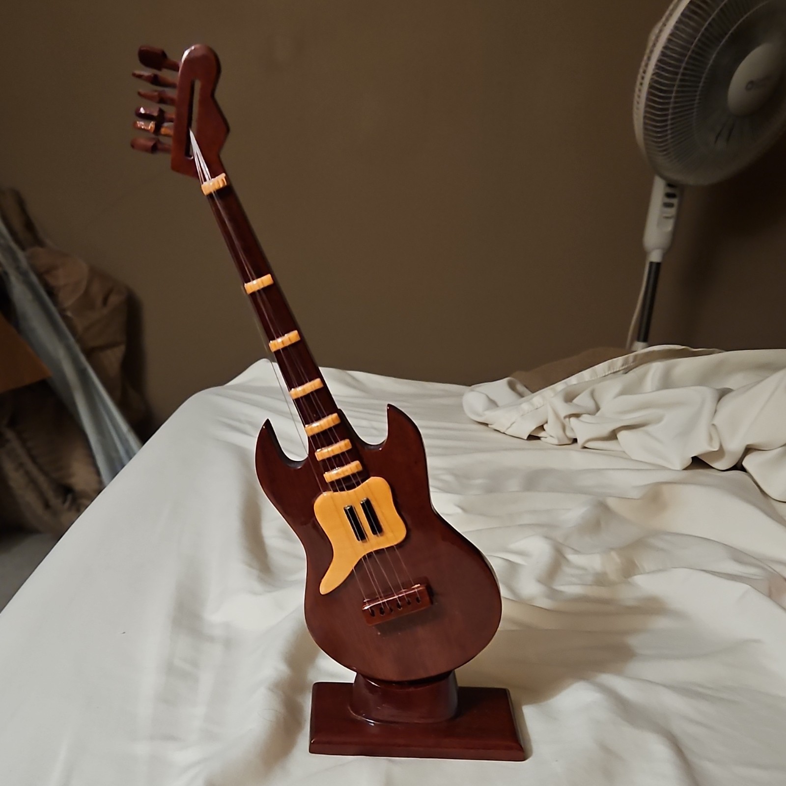 Wooden Miniature Guitar Brown Beige Polished Carvings Music Theme Figurine