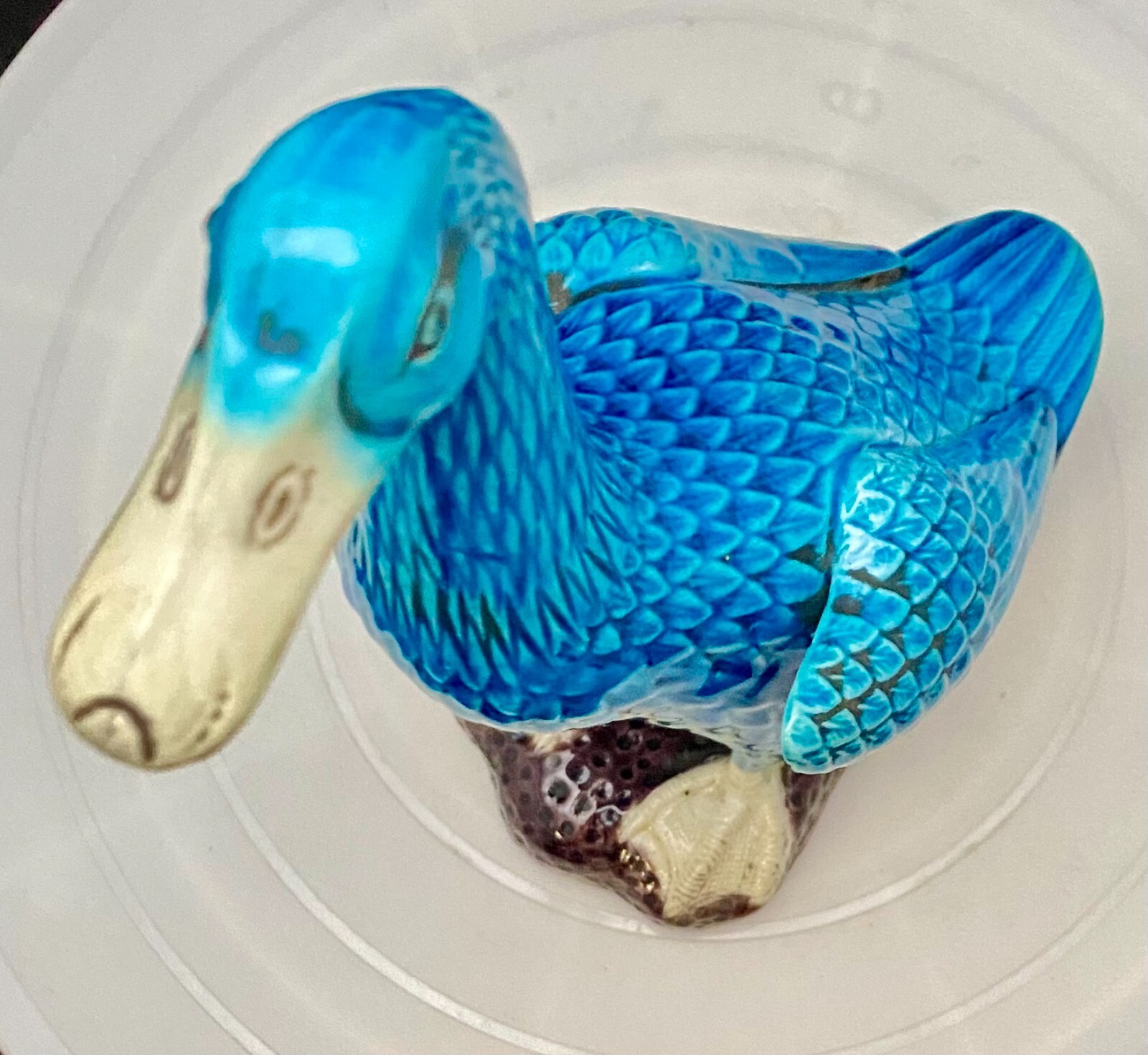 VTG PORCELAIN TURQUOISE BLUE DUCK GOOSE GLAZED MEDIUM/BIG FIGURE 8.7″ c1900 vg