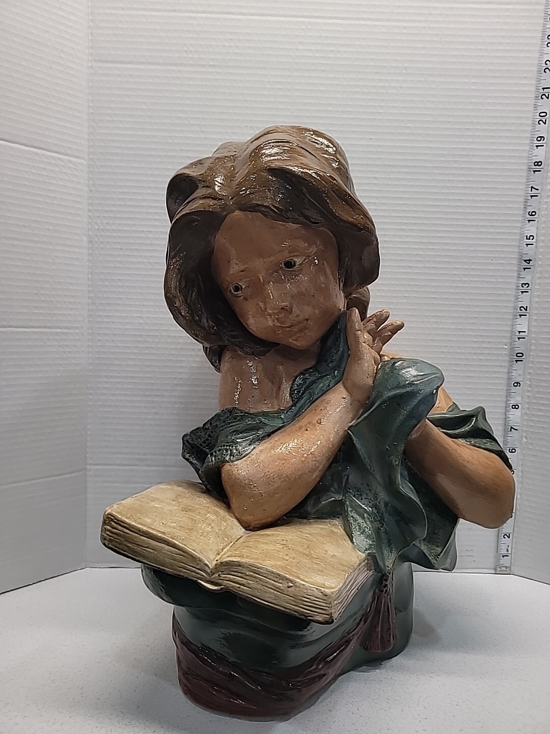 Chalkware Plaster Girl Reading Book Sculpture Vintage 18.5” Tall Hand Painted