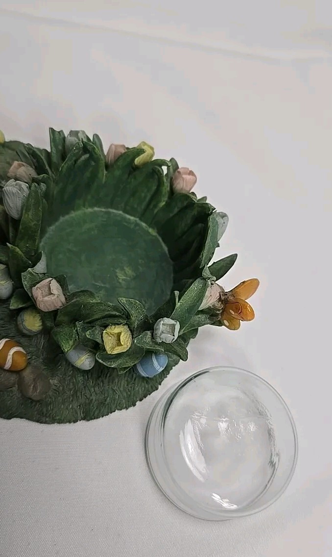 RARE Cute Bunny W/Pink Dress, Blue Apron & Hat In Easter Garden ~Candle Holder!