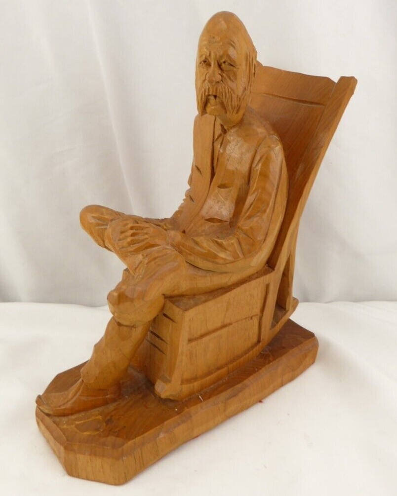 Hand Carved Large Wooden Figurine Old Man in a Rocker 10 1/2″ Tall
