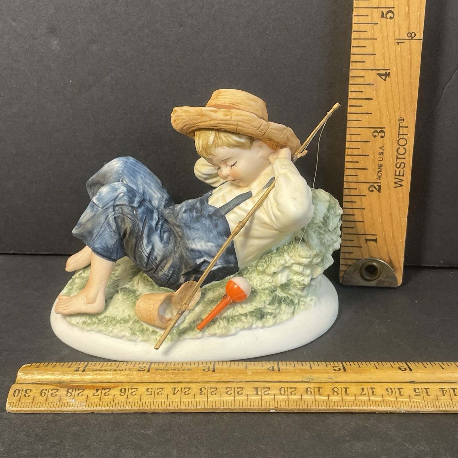 Lefton Bisque Figurine KW3839 Napping Barefoot Boy Fisherman In Overalls Vintage