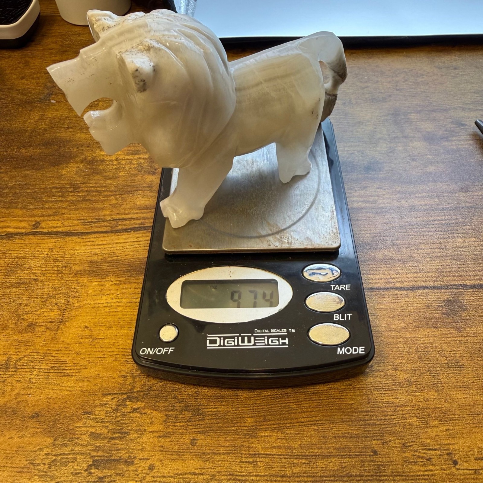 Vintage Hand Carved White Onyx Lion Figurine Stone Guardian Decor