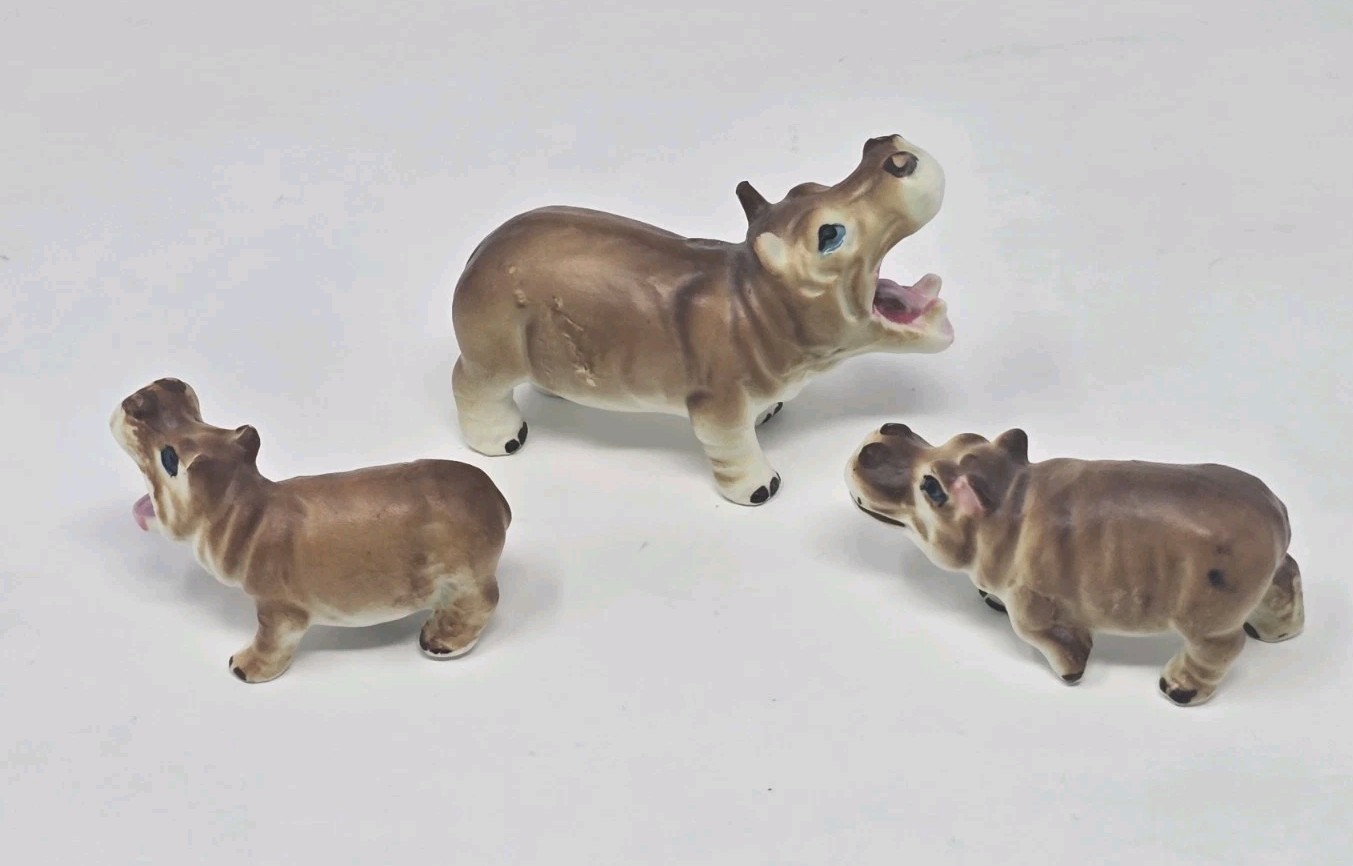 Vintage Hippo Family Miniature Figurines Bone China (Set Of 3)
