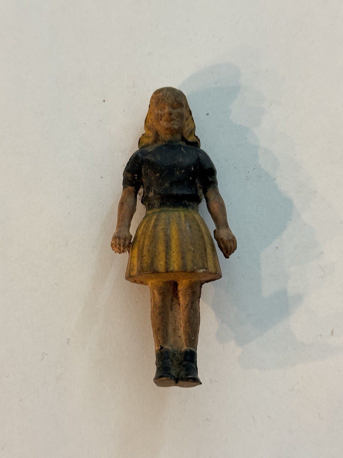 Vtg Miniature Girl Figurine Pleated Yellow Skirt Unknown Solid Material Toy 3.5″