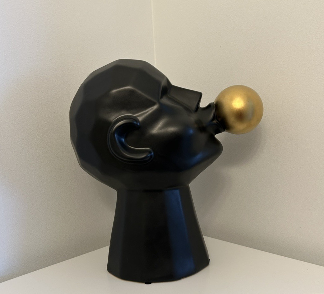 Ceramic Man Blowing Bubble Gum Contemporary Statue Figurine Decor Gold Charcoal