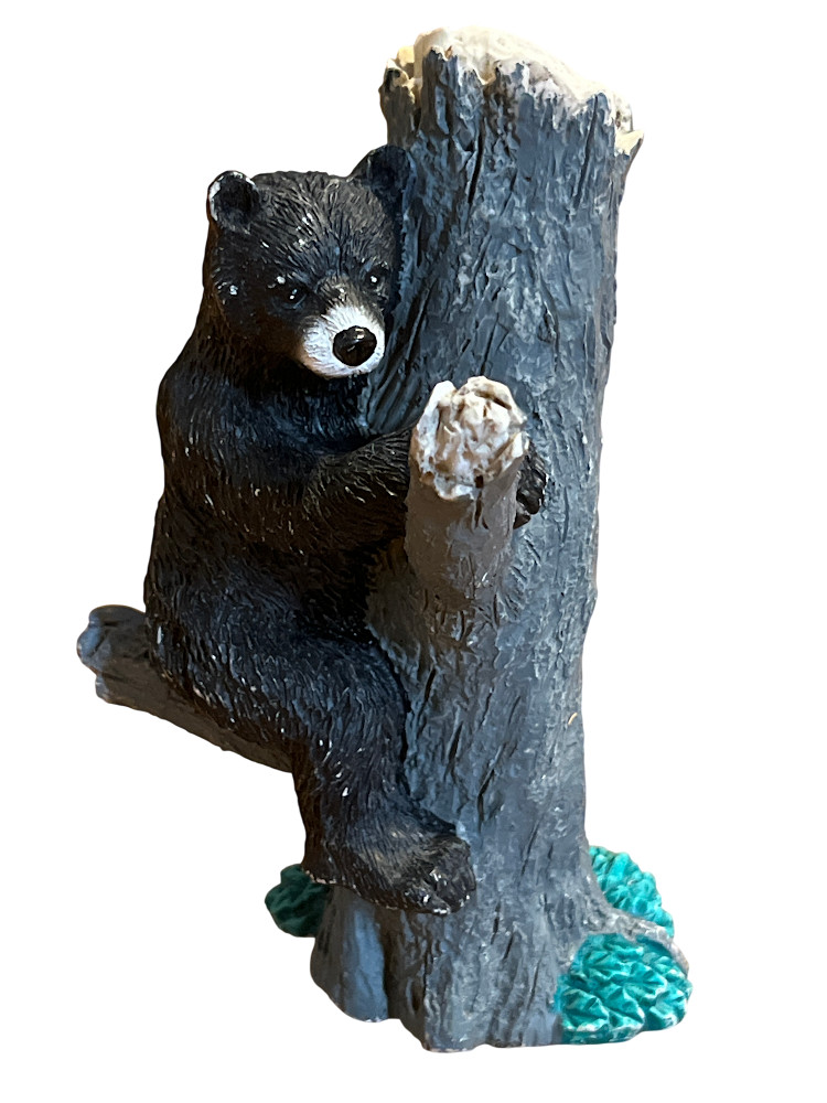 6in Black Bear Climbing Tree Ceramic Figurine Black/Gray Painted Nature Decor