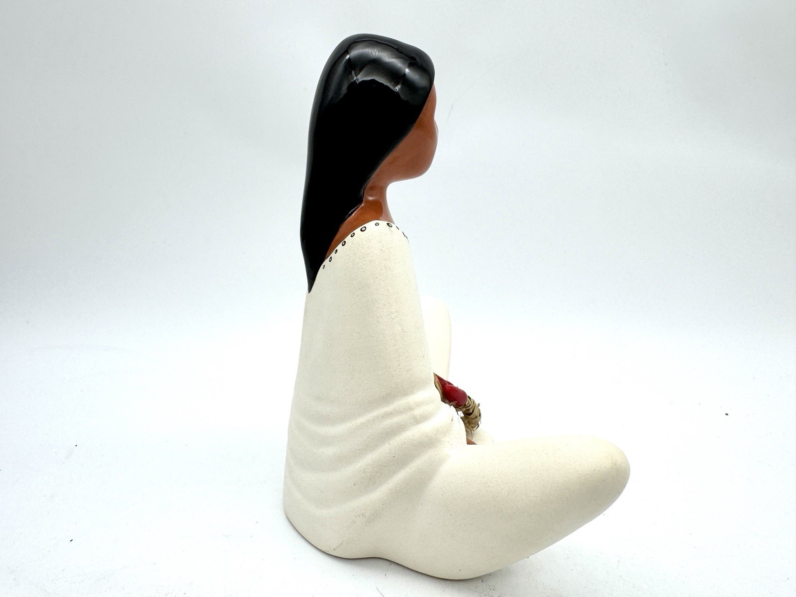 Signed Southwest Ceramic Figurine — Seated Native Woman w/ Chili Peppers -Lynn