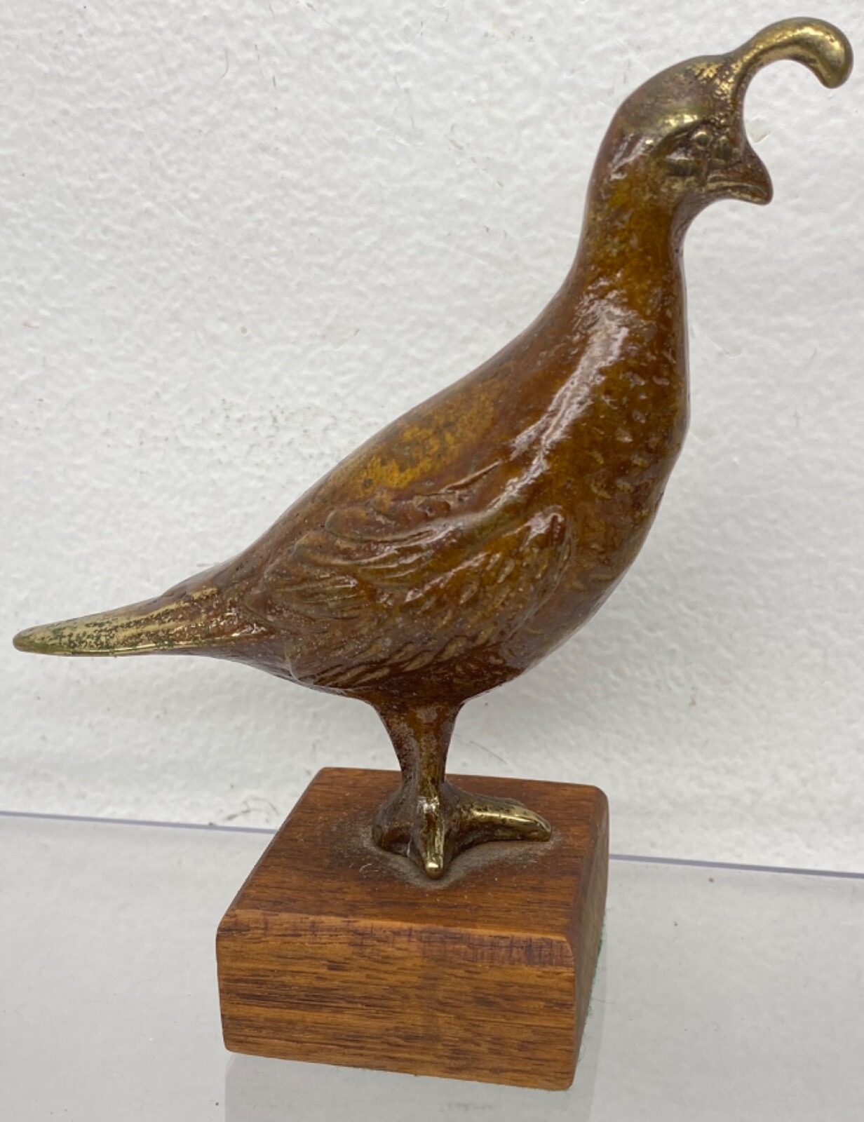 Antique Solid Brass Quail Figurine w/ Wood Base 5” Tall Metal Alloy Bird Statue