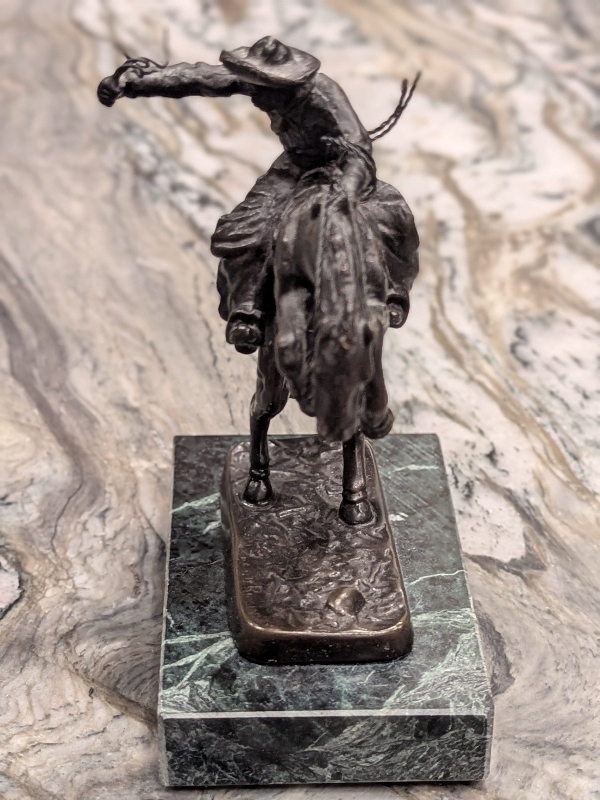 Andrea by Sadek Rearing Horse Cowboy Sculpture Marble Base 6” Bronze