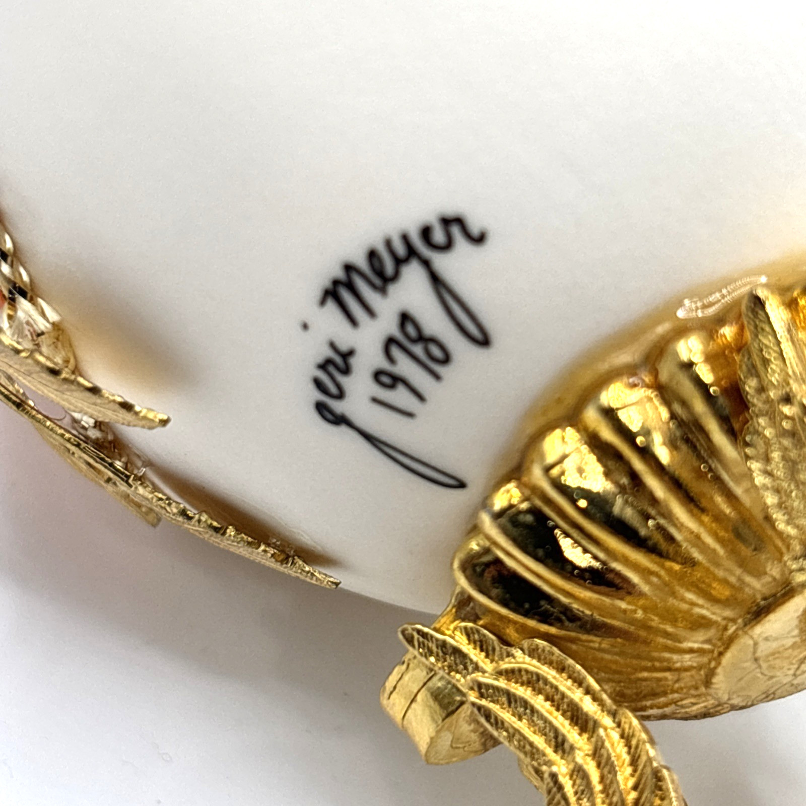 Faberge Egg Style Diorama Cherub Flute Gold Tone Stand Hand Painted Signed 1978