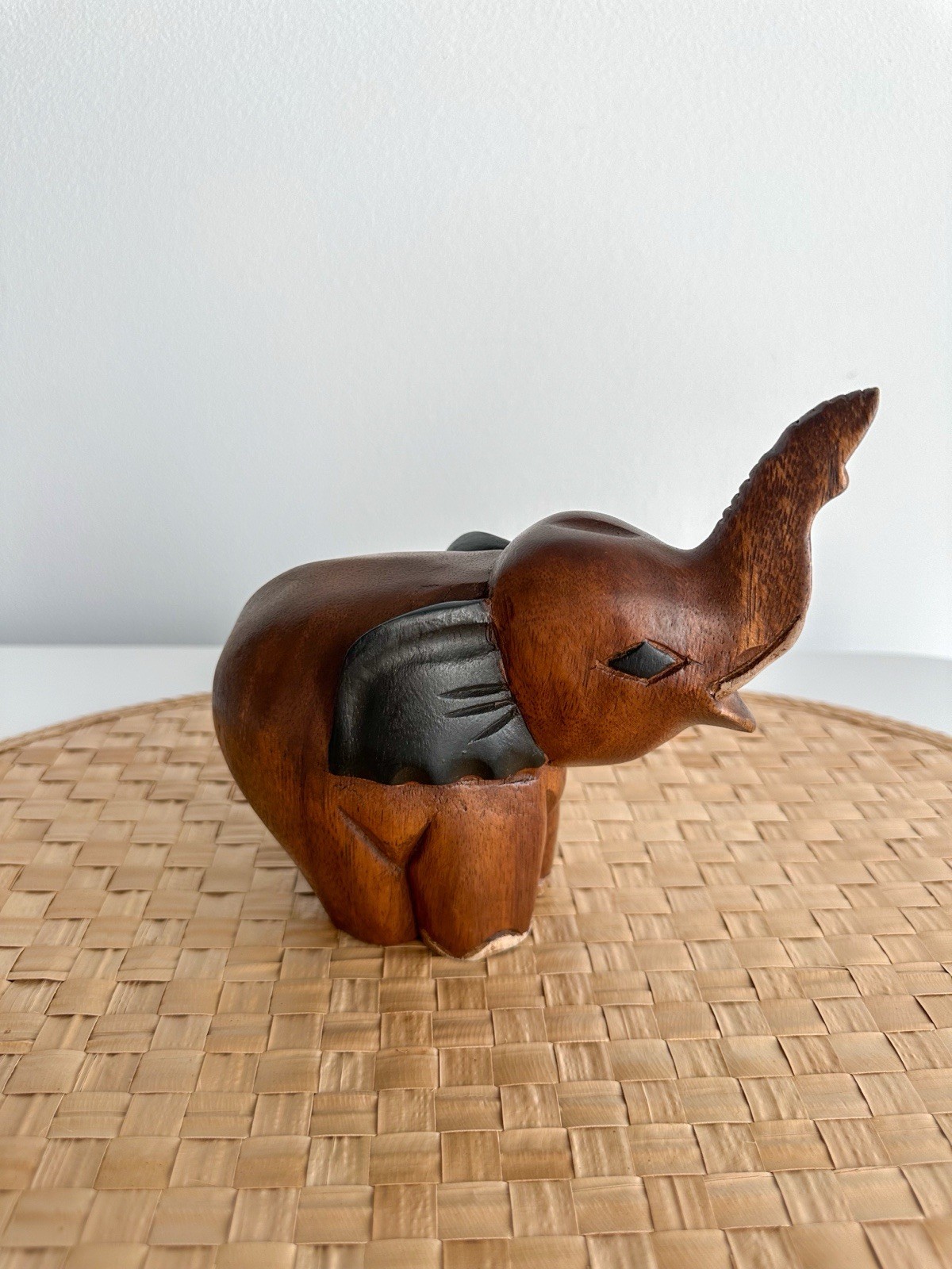 Wooden Carved Elephant Statue Figure Trunk Up Brown Vintage 6 inches tall