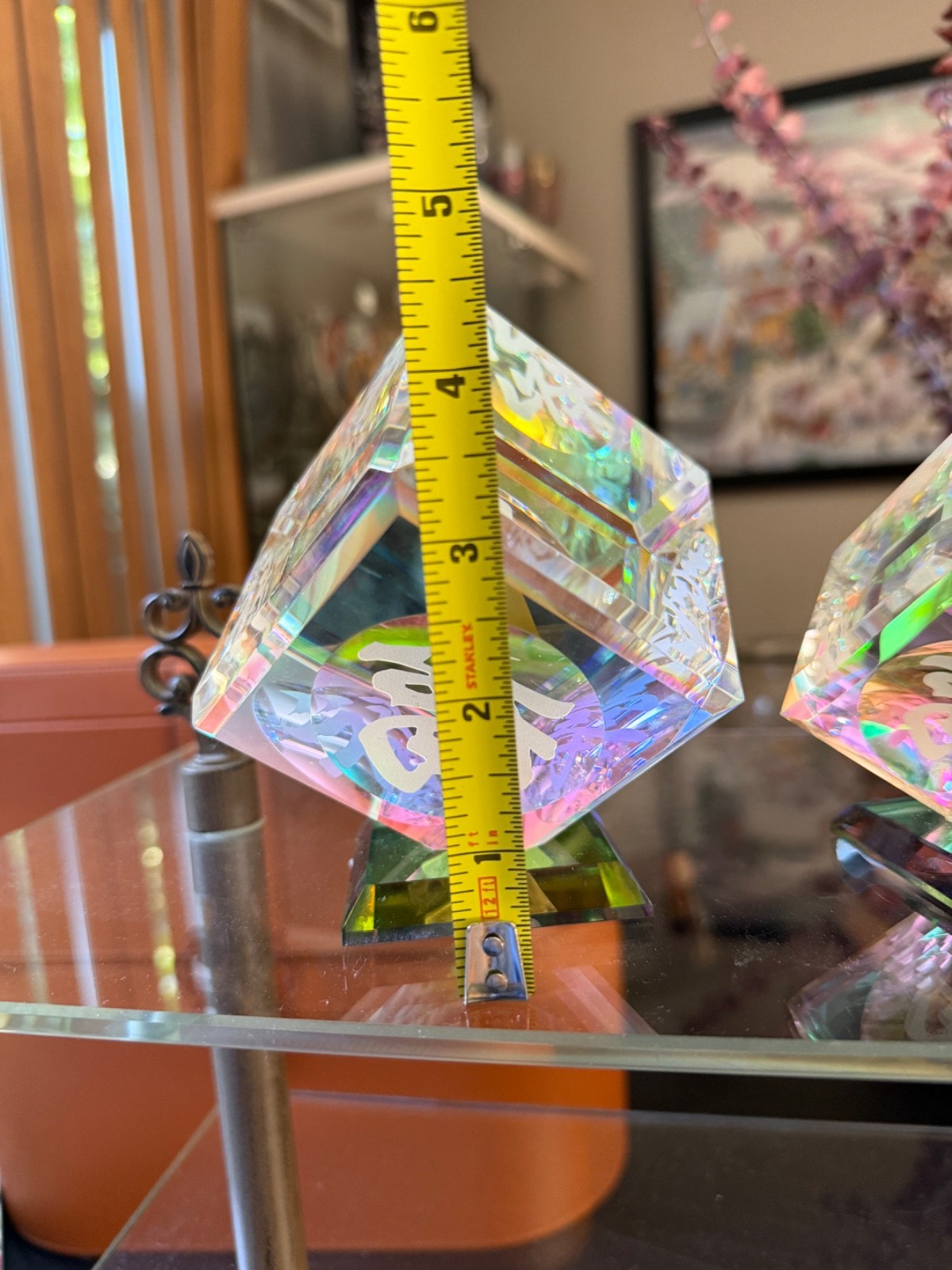 Vintage Two Dichroic Iridescent Crystal Glass Optical Cube Sculpture Asian