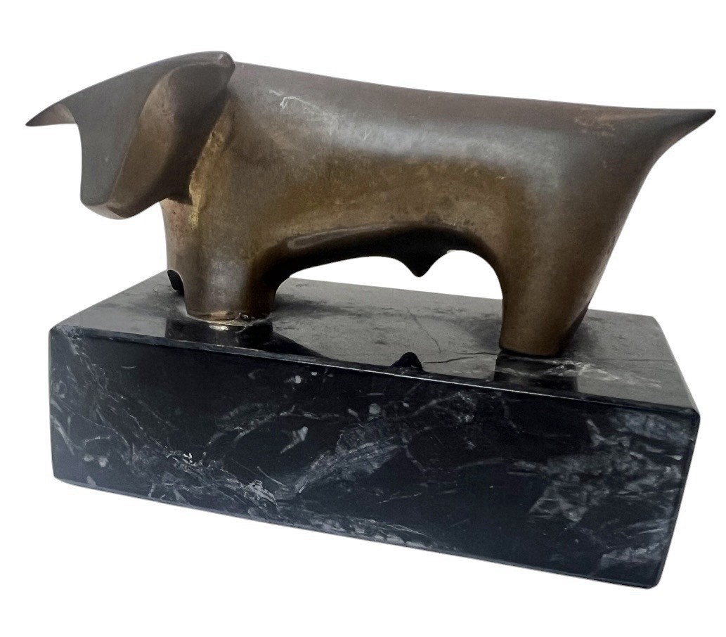 Vintage 1967 MCM Solid Bronze Bull Sculpture Signed Saldana; Heavy; Marble Base