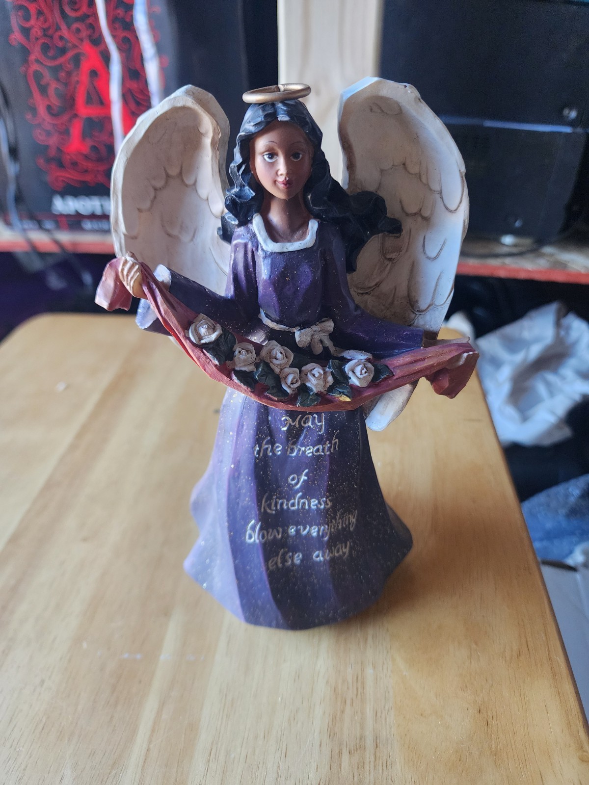 Glittery Religious Angel Holding Flowers Figurine 7-3/4″ tall