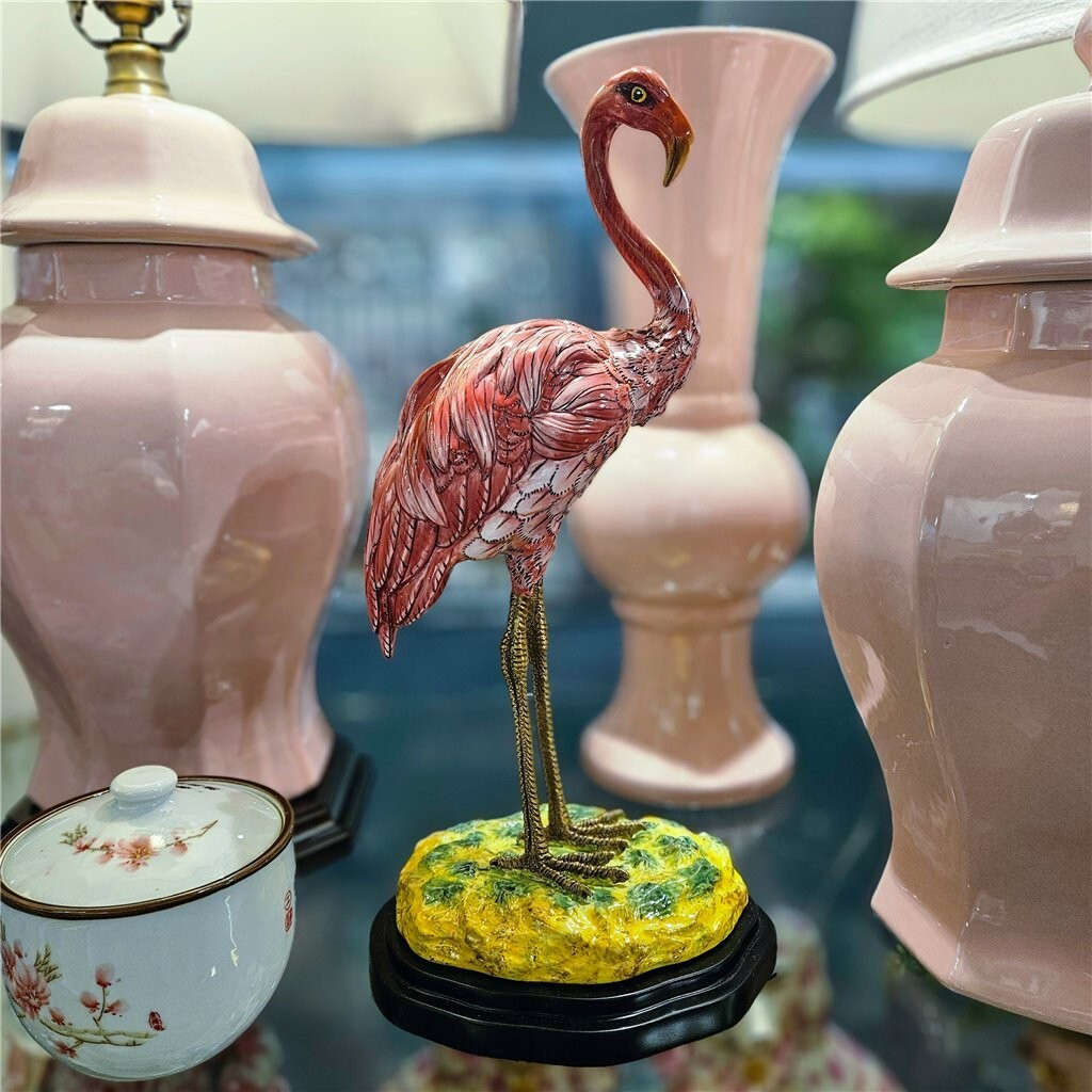 PORCELAIN AND BRONZE ORMOLU FLAMINGO BIRD SCULPTURE FIGURINE-17”H