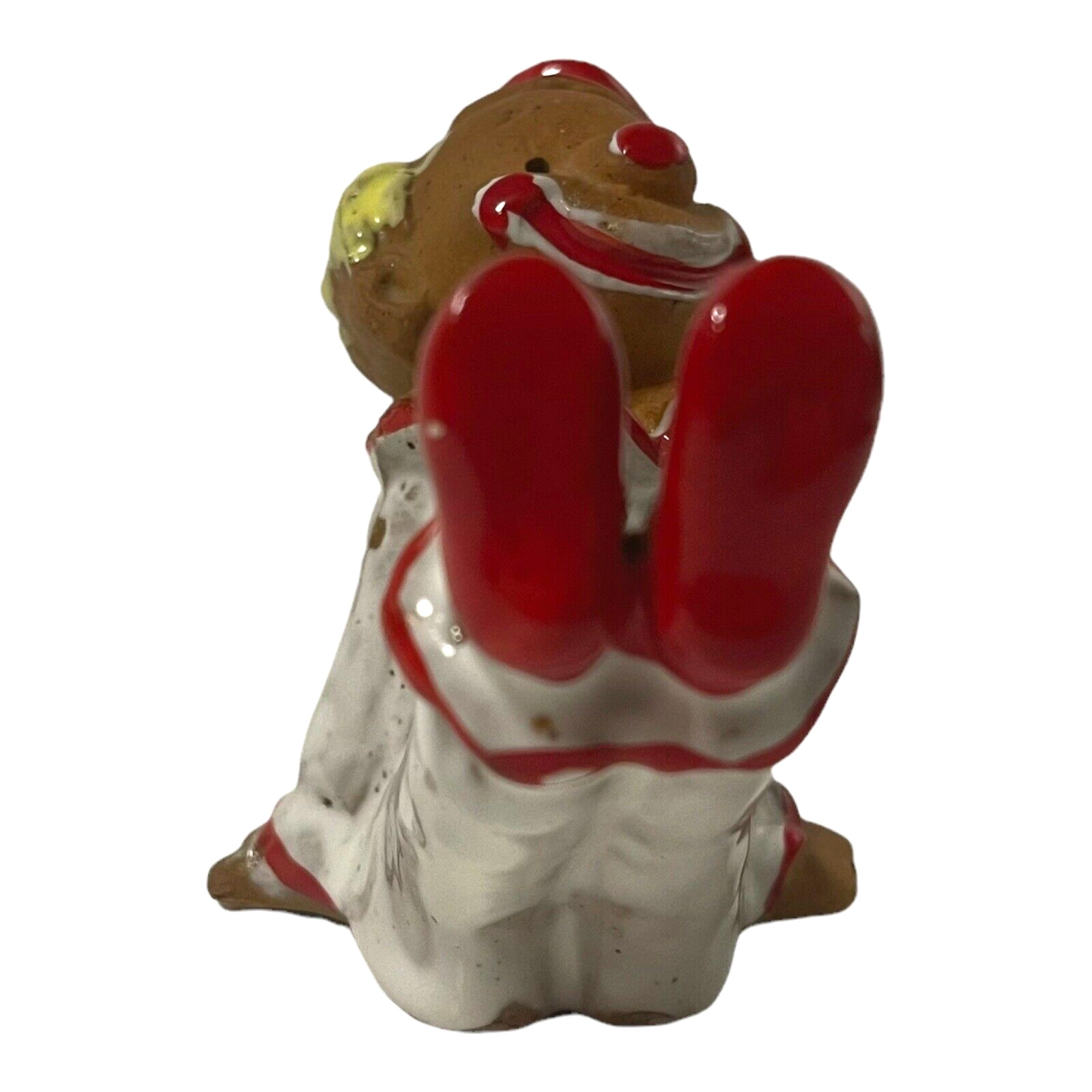 Clown Leg Raise Figurine Terra Cotta Clay Red White Glazed 3″ Napcoware