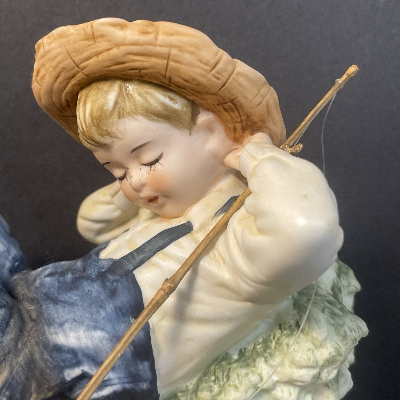 Lefton Bisque Figurine KW3839 Napping Barefoot Boy Fisherman In Overalls Vintage