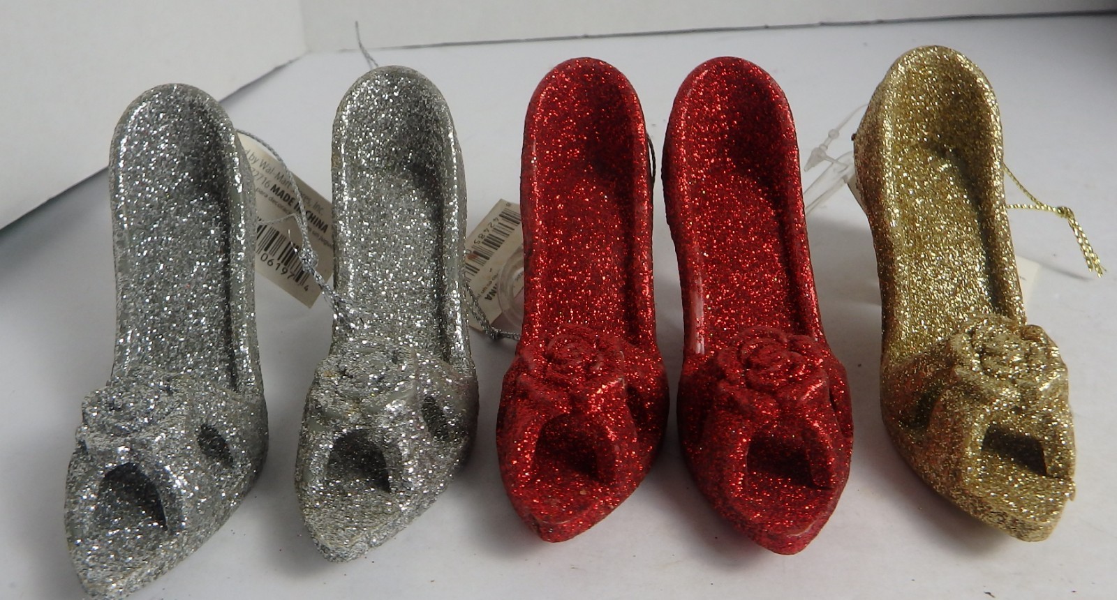 Miniature Glitter High Heel Shoe Ornaments 4″ Red Silver Gold set of 5 NWT