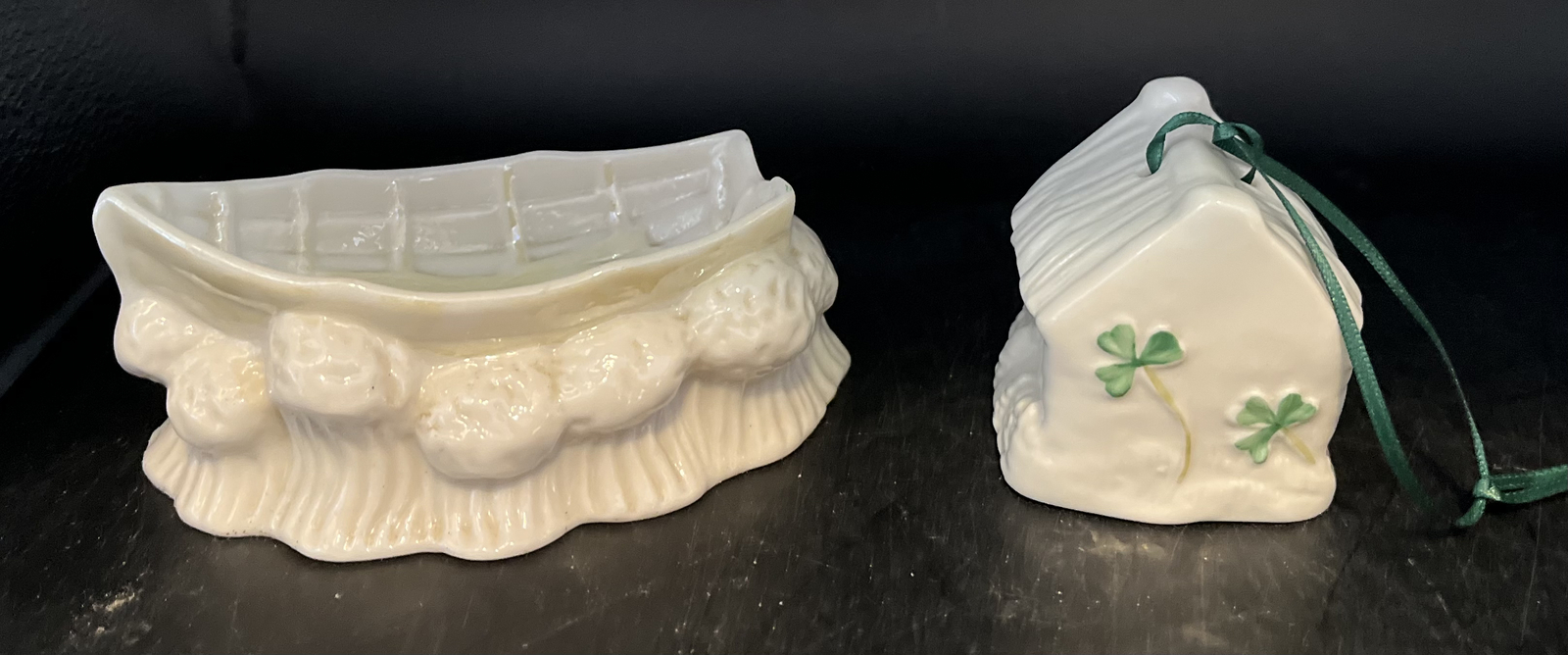 Belleek Xmas Cottage with Shamrocks and Boat Shaped Ashtray