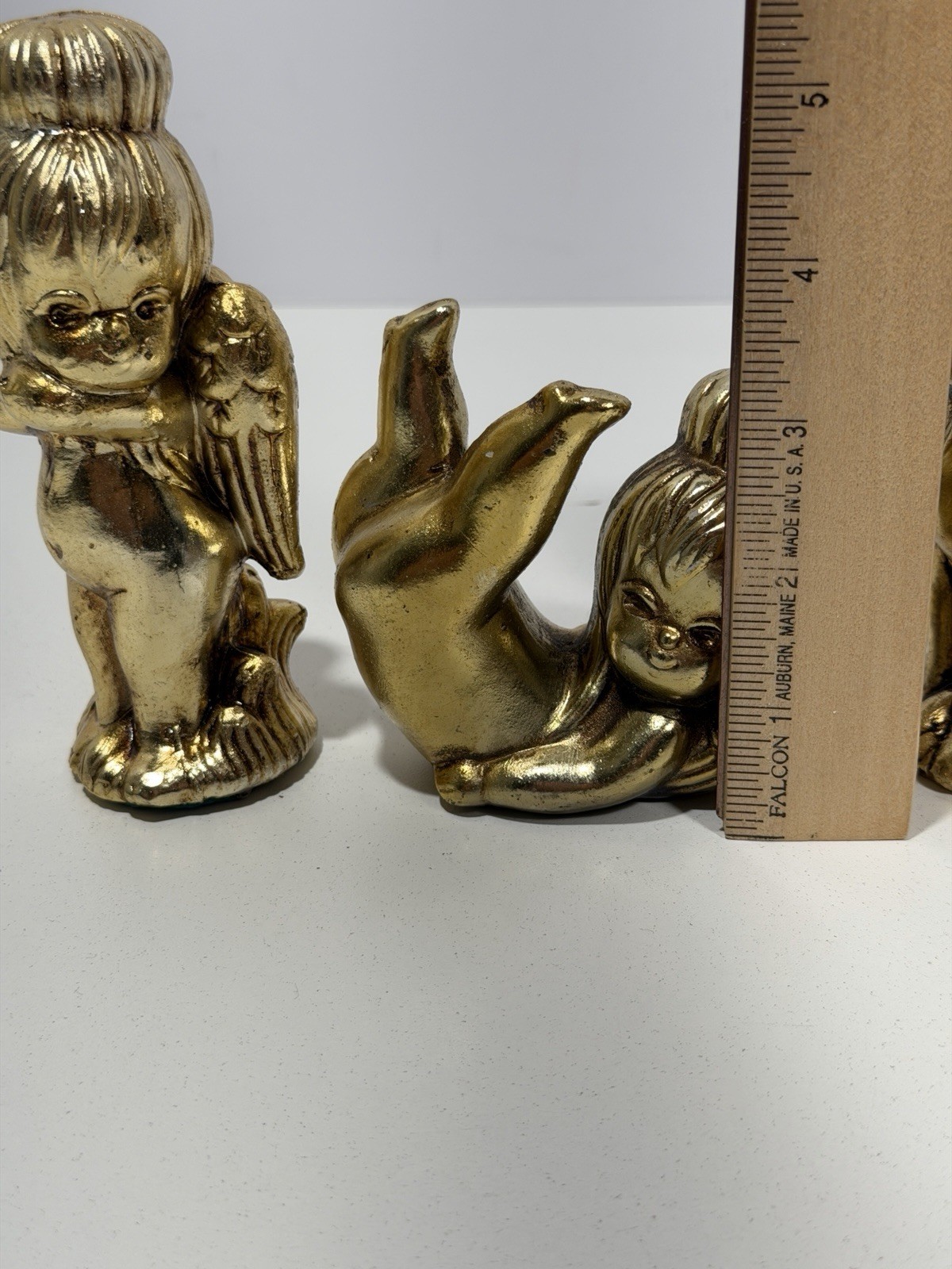 Flower Child Angels 70s Kitschy Figurines Gold Cherub Green Eyes MCM Japan 3 Set