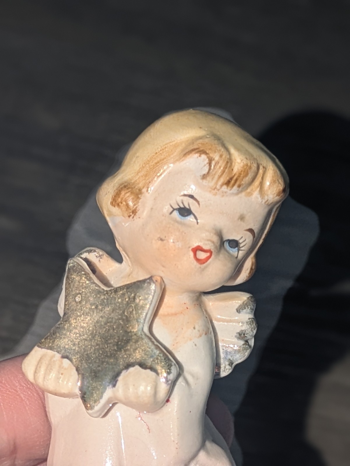 Ucagco Pink Angel Girl with Star Kitschy Cute Ceramic Figurine JAPAN Vtg 1950s