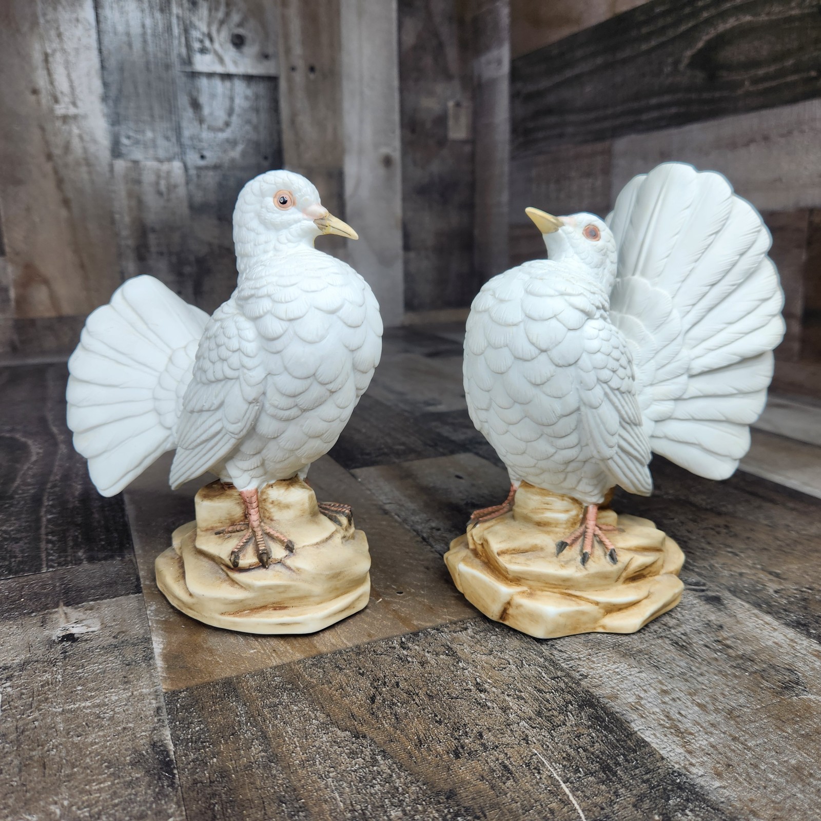 Vintage Ethan Allen Fan Tail Dove Pair of Bisque Ceramic Figurines 7.5″ Japan