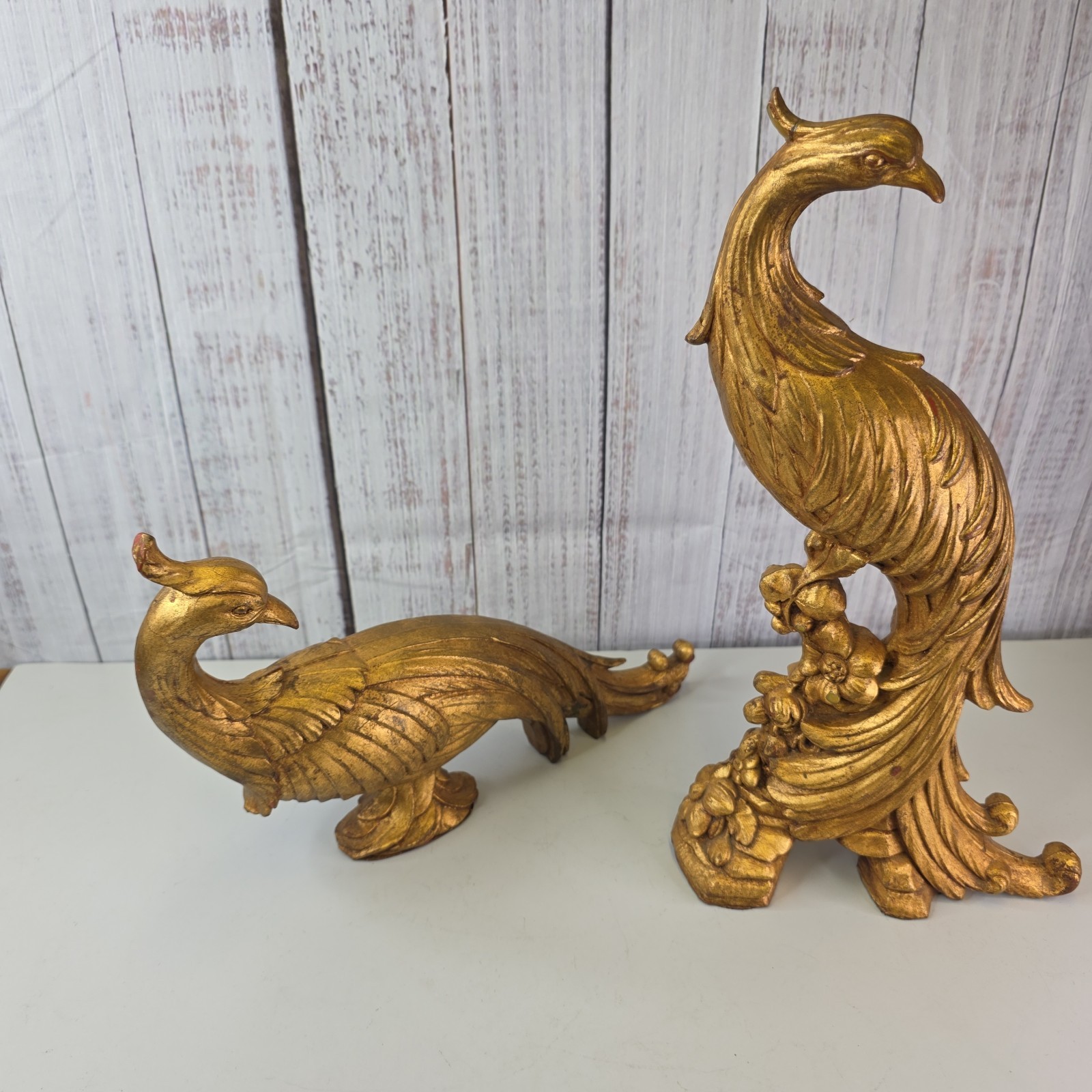 Vintage Gold Gilted Peacock Pair MCM Hollywood Regency Decor 2 Piece Figurine