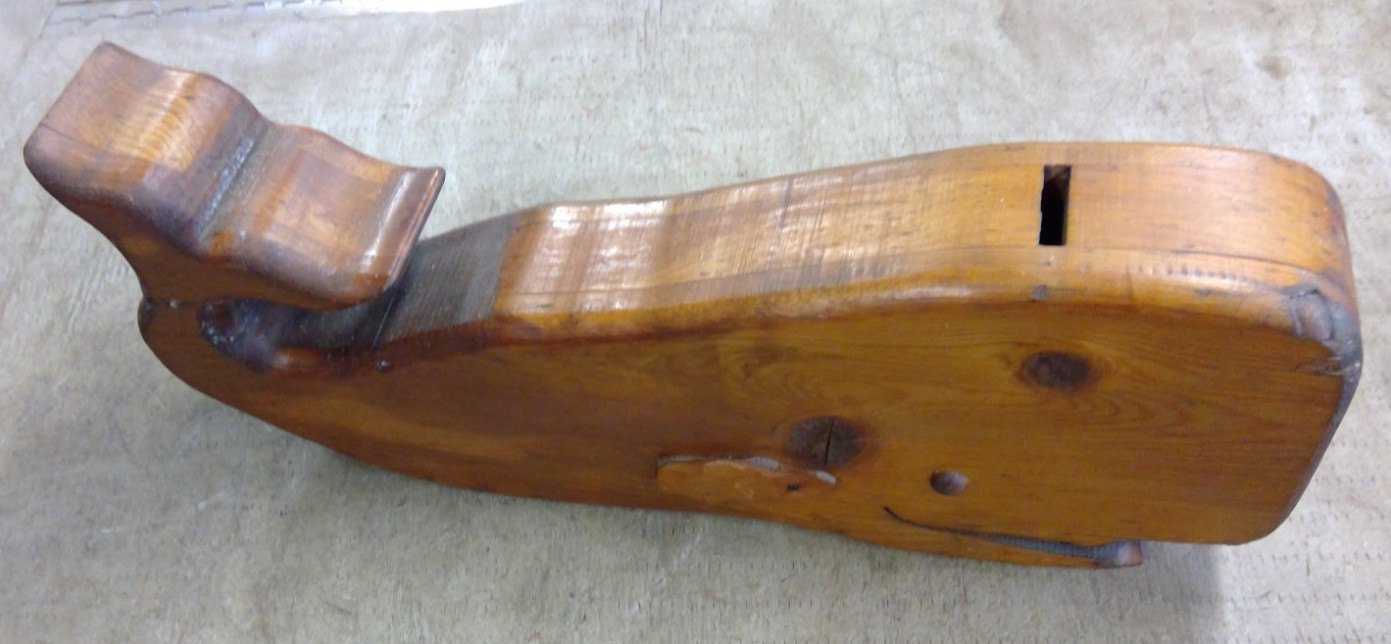 VINTAGE Wooden Sculpture Whale Bank 17.5” Long Folk Art Nautical Beach House