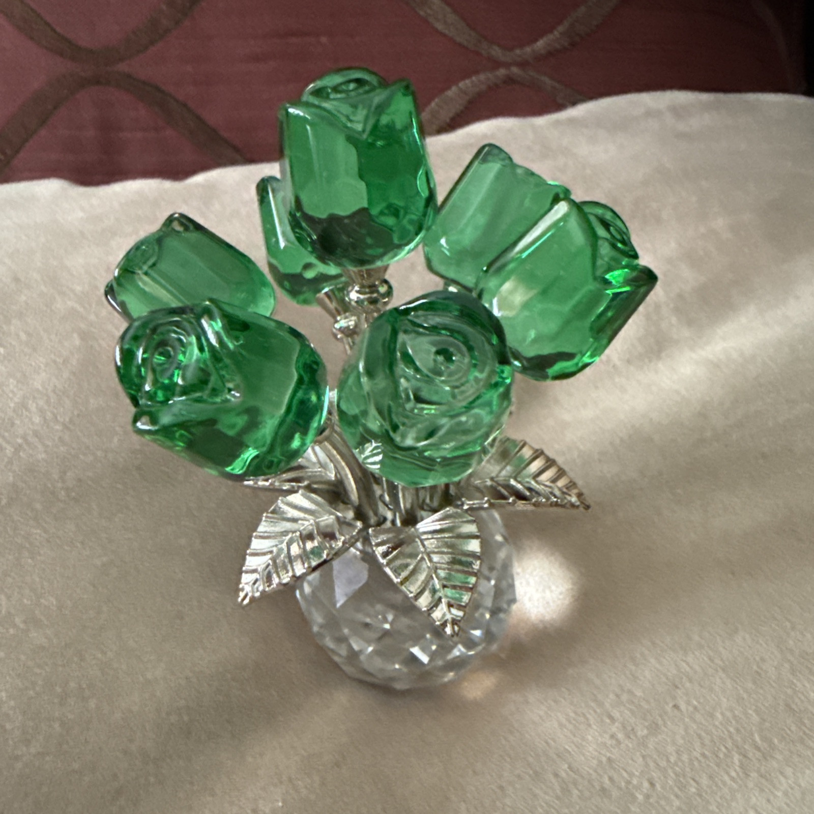 Beautiful Handcrafted Green Roses Crystal Figurine Vase/elegant Table Decor