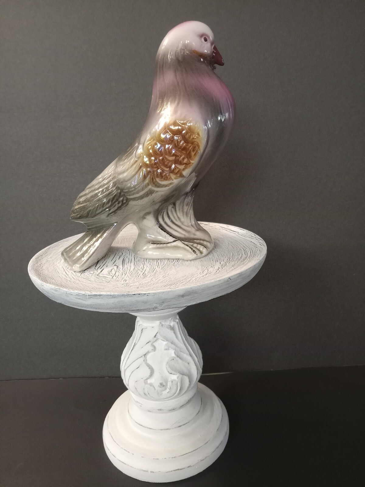 Round Wood Pedestal Stand w/ Luster Porcelain Figurine Bird.