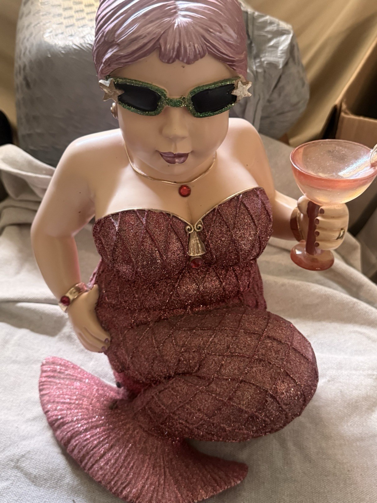 Pink Resin Mermaid Figurine w/ Champagne Glass, Glitter 3D Effect Item #88-82945