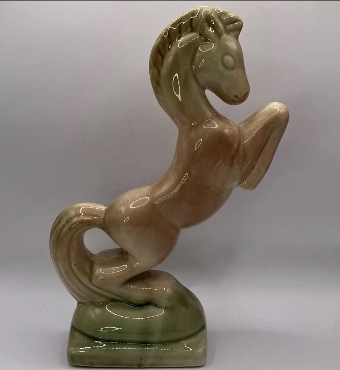 VTG Mid Century Mod Rearing Horse Figure Statue Ceramic 10.5 In Tan Green