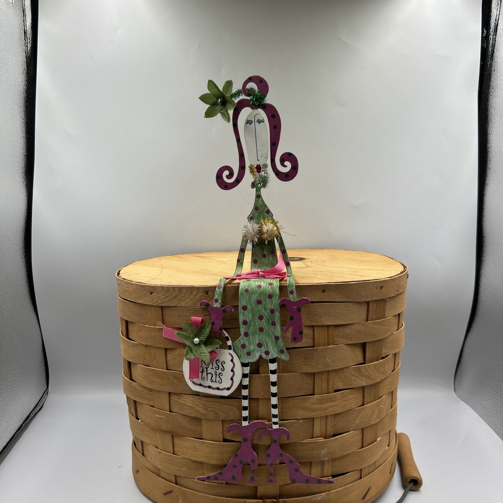 Vintage Dolly Mama’s Polka Dot Dress Lady Metal Sculpture Sitting “KISS This”