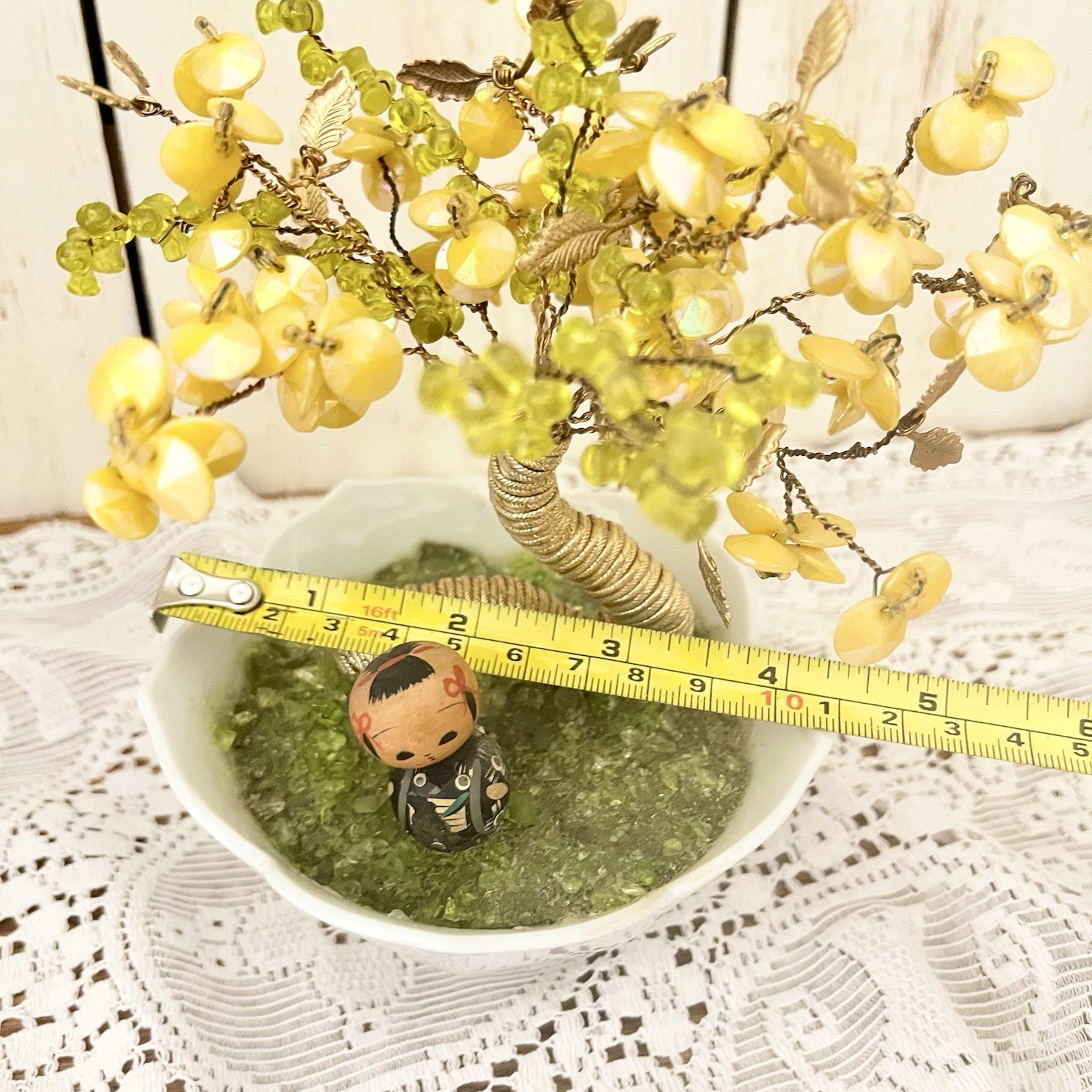 Vintage Bonsai Tree With Mini Bobble Head Kokeshi Doll Yellow Green 7” Unique