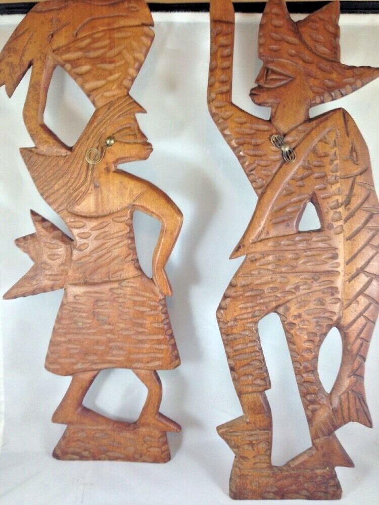 Fisherman & Woman Carved Wood Figurines Wall Art Rustic Fishing Village