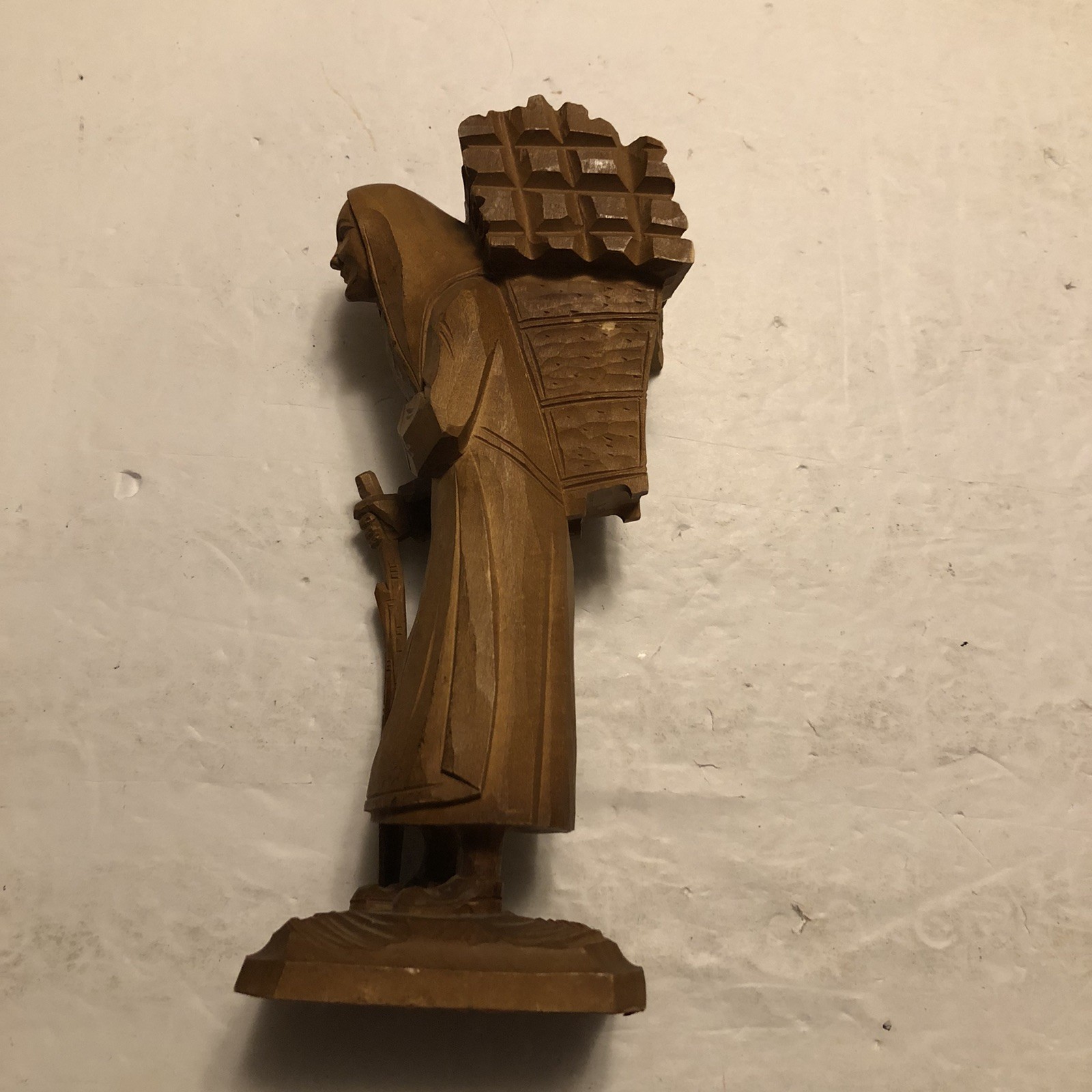 Wood Carved Older Peasant Woman Carrying Firewood Figurine Folk Art Stick Cane