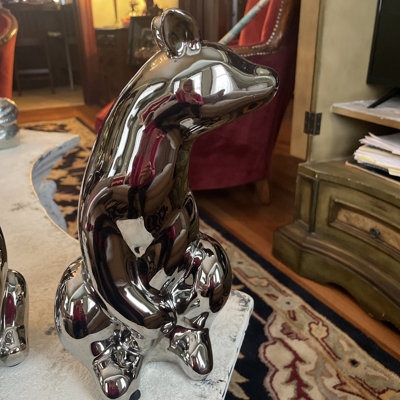 2 Vintage Jaru? Chrome Ceramic Bear Statues 10.5” 8” Mid Century Modern Metallic