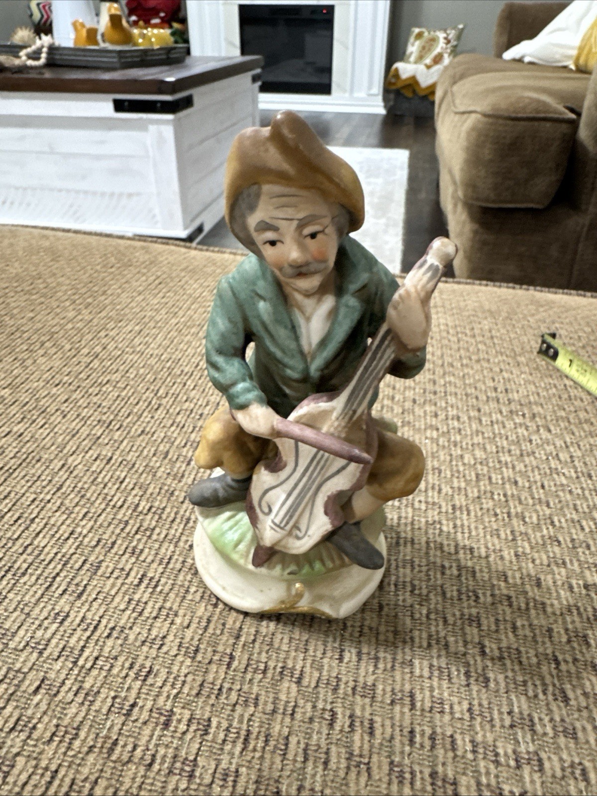 Vintage Old Man Playing An Instrument Figurine 5.5 Inches Tall Made In Taiwan.