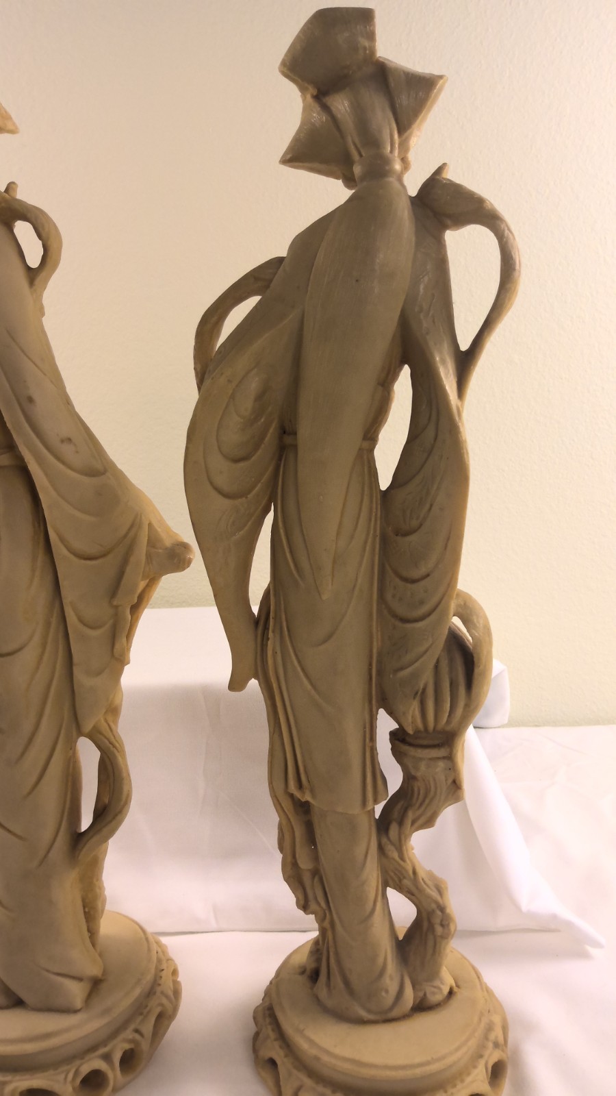 Vintage Asian Carved Resin Man & Woman with Birds Figural Statues 19.5 Inches