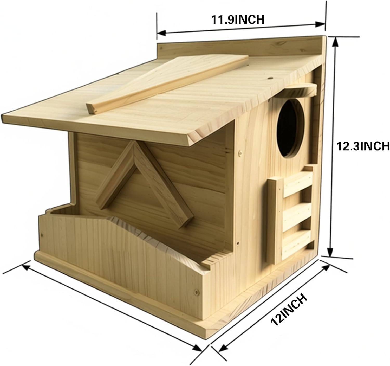Natural Solid Wood Squirrel House with Feeding Shelf – Handmade Outdoor Nesting