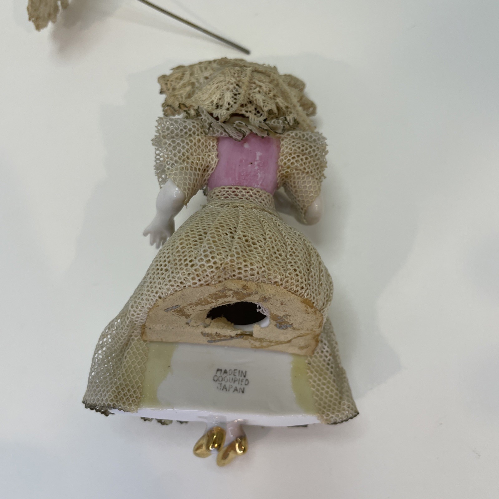 Vintage Porcelain Figurine Lady Fabric Lace Dress Umbrella Parasol Bench Sitter