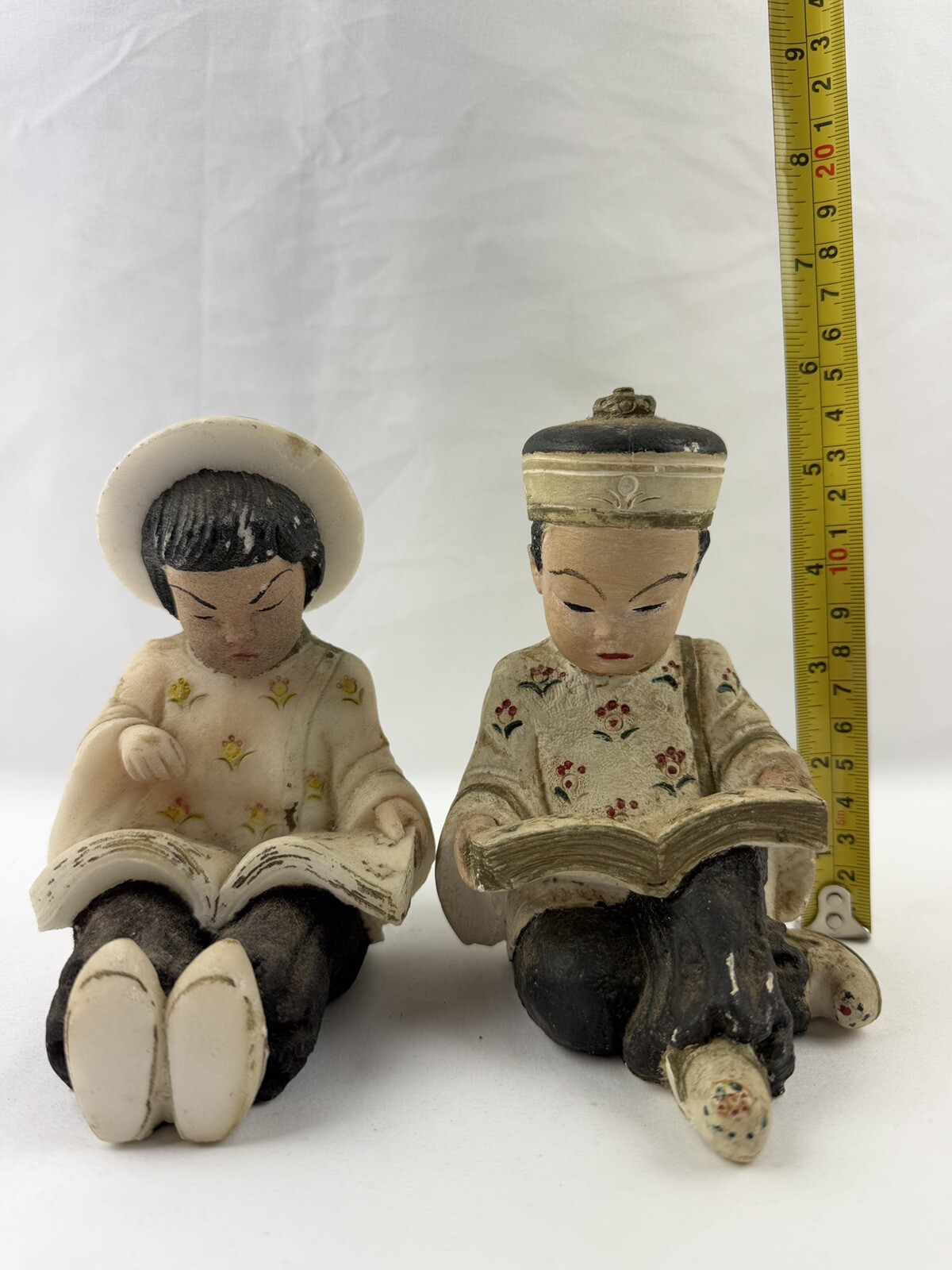 Vintage Pair of Asian Girl & Boy Reading a Book Chalk Ware Figures