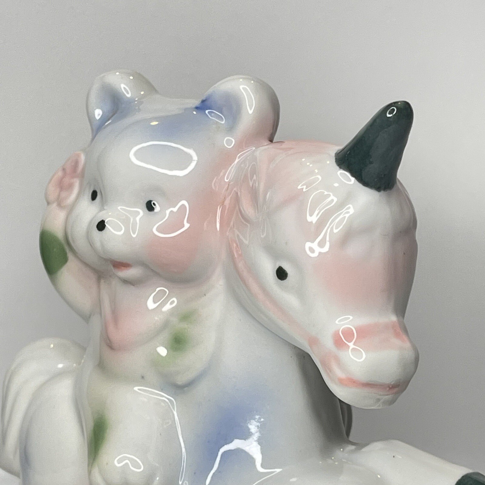 Vintage Teddy Bear Riding Unicorn Ceramic Figurine Baby Shower Gift Nursery Room